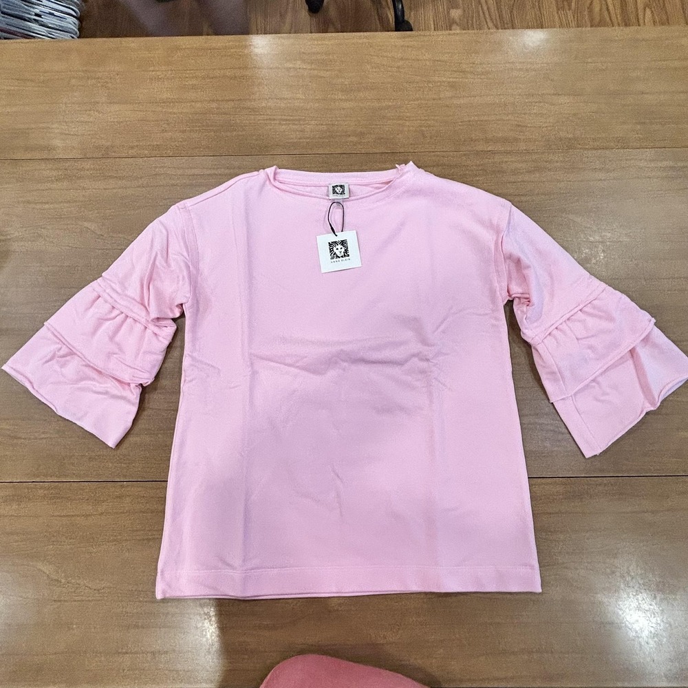 Anne Klein Shirt Womens XXS Pink 3/4 Bell‎ Sleeve Ruffle Crew Neck Top NWT